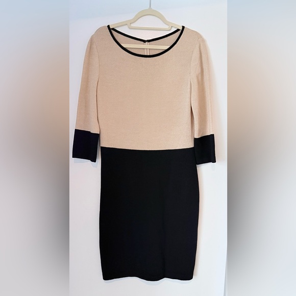 St. John Collection Gold and Black Sheath Dress, 3/4 Sleeve Crew Neck, Size 10 - Picture 2 of 5